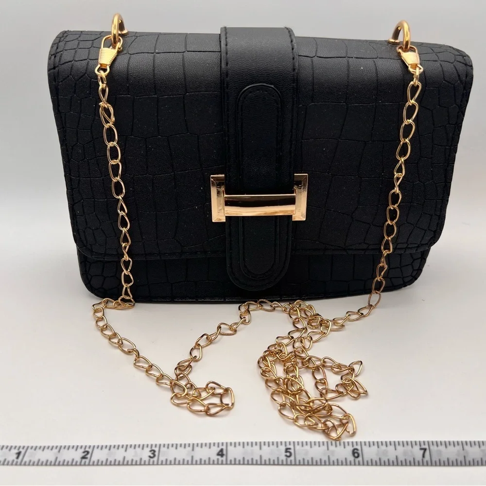 Black Croc-Embossed Chain Bag